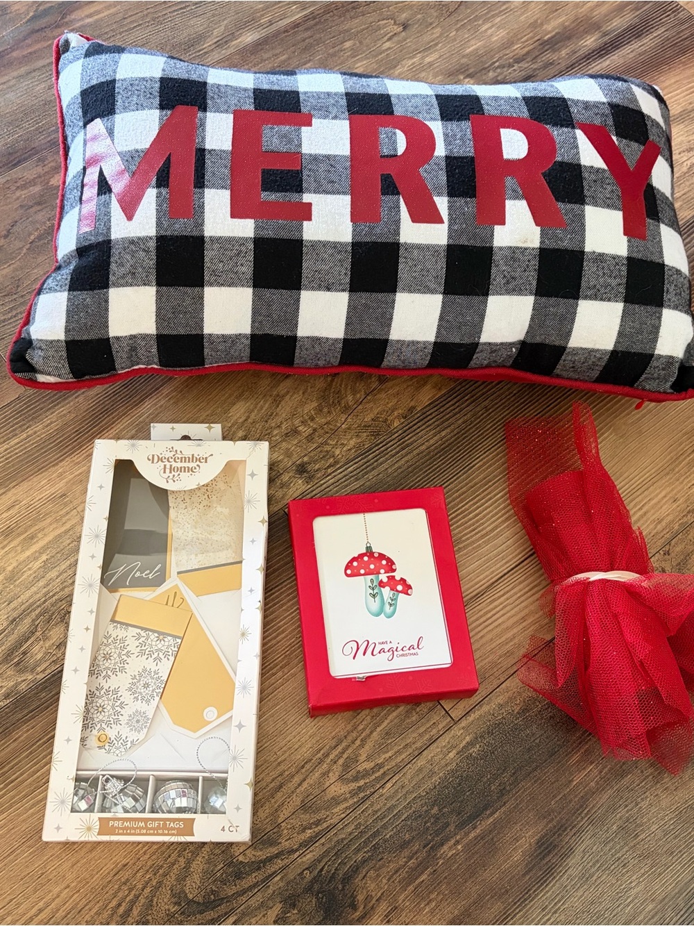 Black & White Buffalo Plaid "MERRY" Holiday Pillow and Cards, tags & tulle